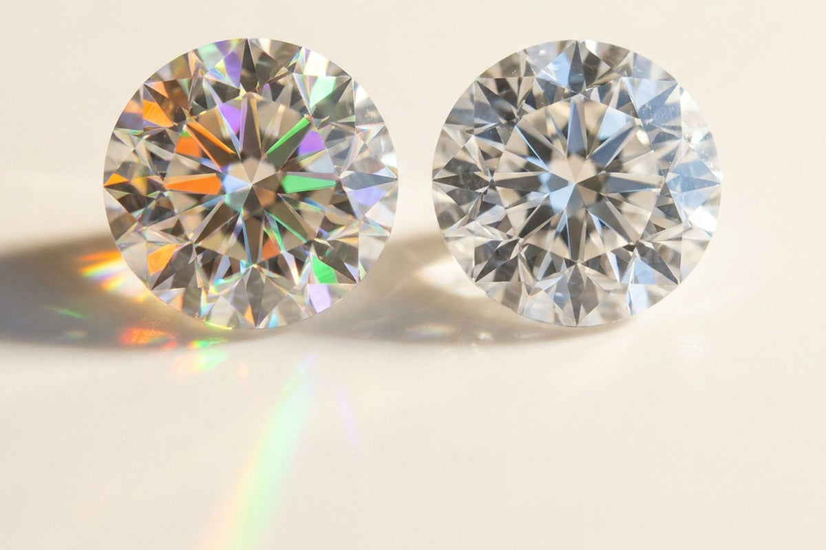 Two colourless round brilliant stones under one light. The stone on the left throws saturated orange, green and violet fire. The stone on the right stays cool and white.