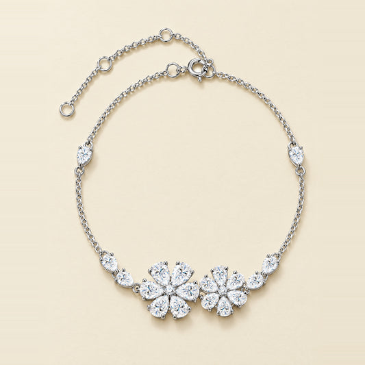 Mossante Floral Bracelet, silver: two pear-cut moissanite flowers on a fine sterling chain