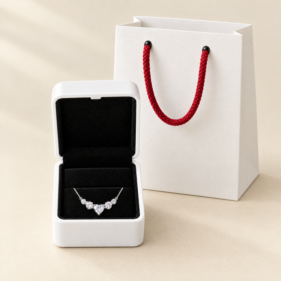 The necklace in its open white box, the five stones on black velvet, the white paper bag with red rope handles behind.