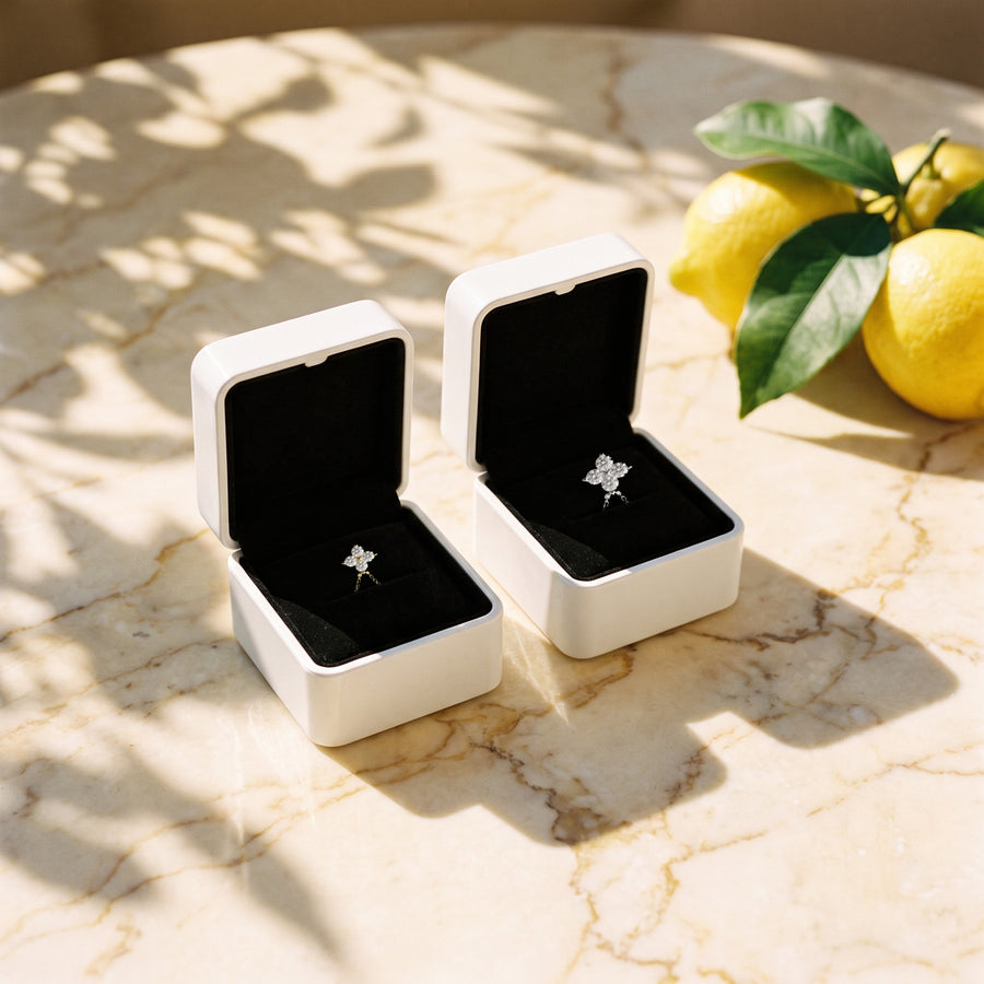 Two open white boxes (black velvet inside) on a sunlit marble table with lemons and leaf shadows.